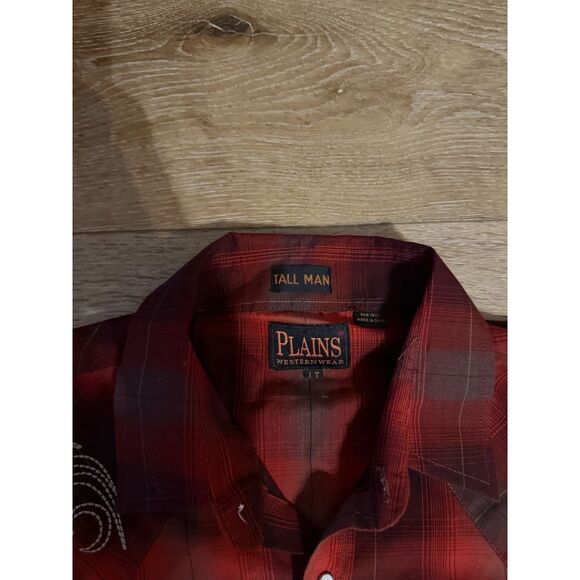 Plain Western Wear Mens Red Plaid Long Sleeve Pearl Snap Shirt Soze Large Tall - Picture 3 of 3